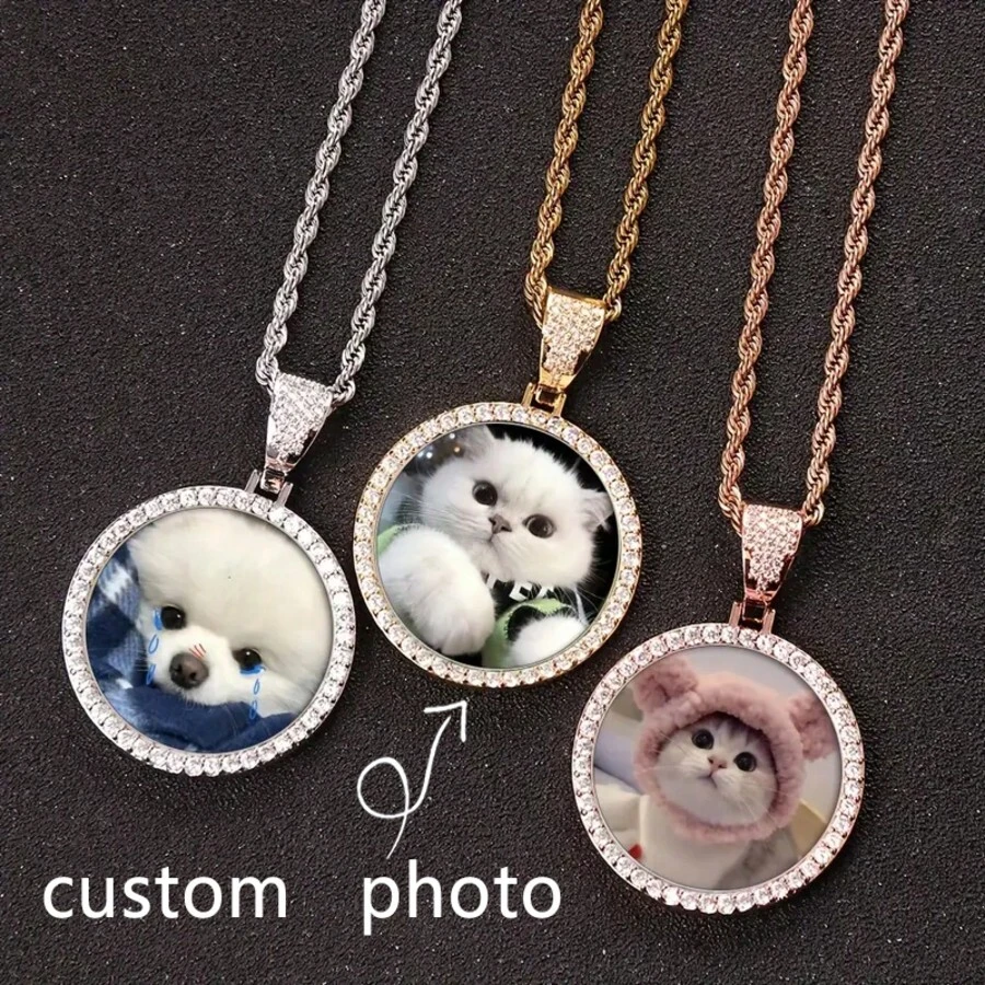 1pc Personalized Photo Pendant Necklace - Hip Hop Luxury Style, Sparkling Rhinestones, Non-Magnetic - Perfect For Men, Ideal For Christmas, Thanksgiving, Teacher's Day, Back To School, Graduation Gifts, Personalized Necklace