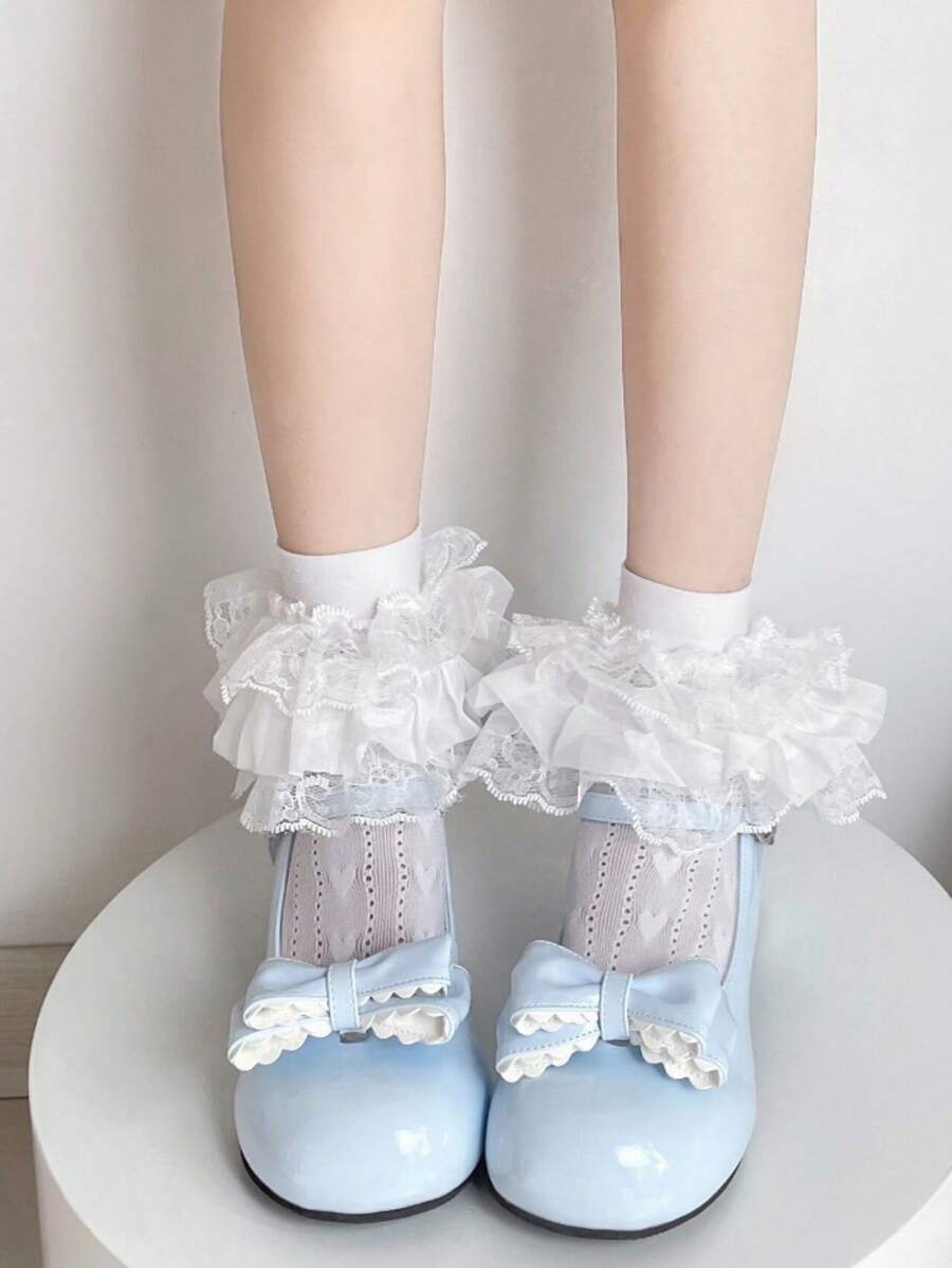 1 pereche de șosete de vară pentru femei, cu plasă subțire, cu dantelă goală, model floral cu inimă, fire de plasă, culoare solidă, Lolita drăguțe, până la jumătatea gambei