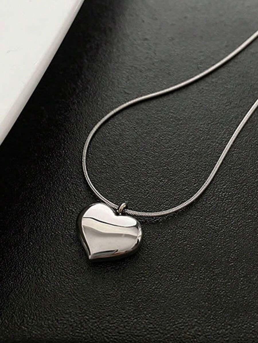 1pc Silver Plain Solid Heart Snake Bone Chain Stainless Steel Women Snake Bone Pendant Necklace, Minimalist & Fashionable