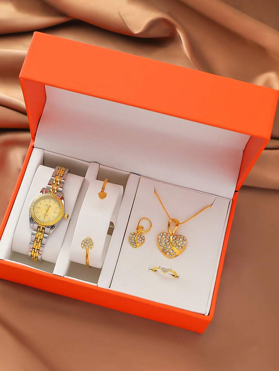 5 peças/Conjunto Relógio de Quartzo Feminino XSVO Genuíno com Mostrador Estrelado Iridescente Redondo do Dia a Dia, Pulseira de Aço Inoxidável + Acessórios de Coração de Strass, Sem Caixa de Presente