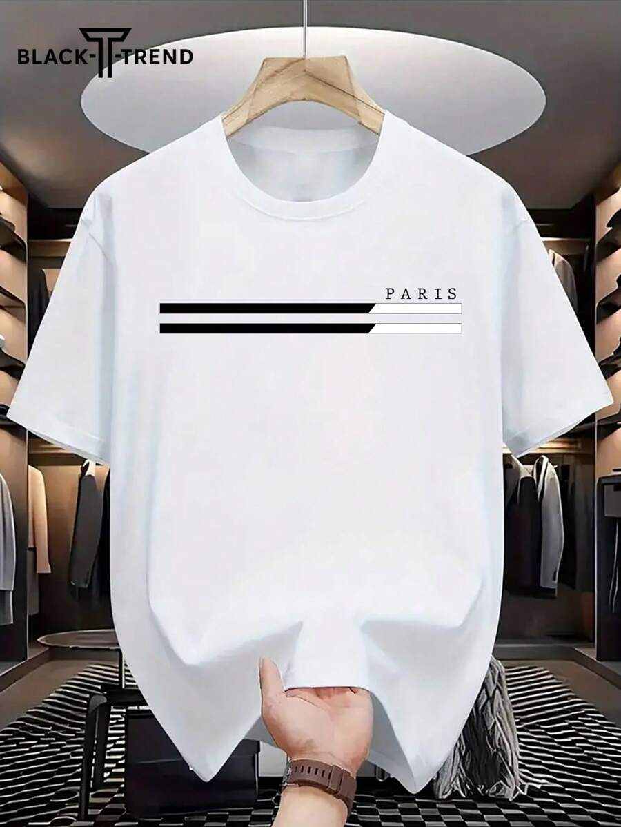Camiseta blanca de manga corta con estampado de rayas en blanco y negro y letras, estilo casual de calle para hombres de talla grande