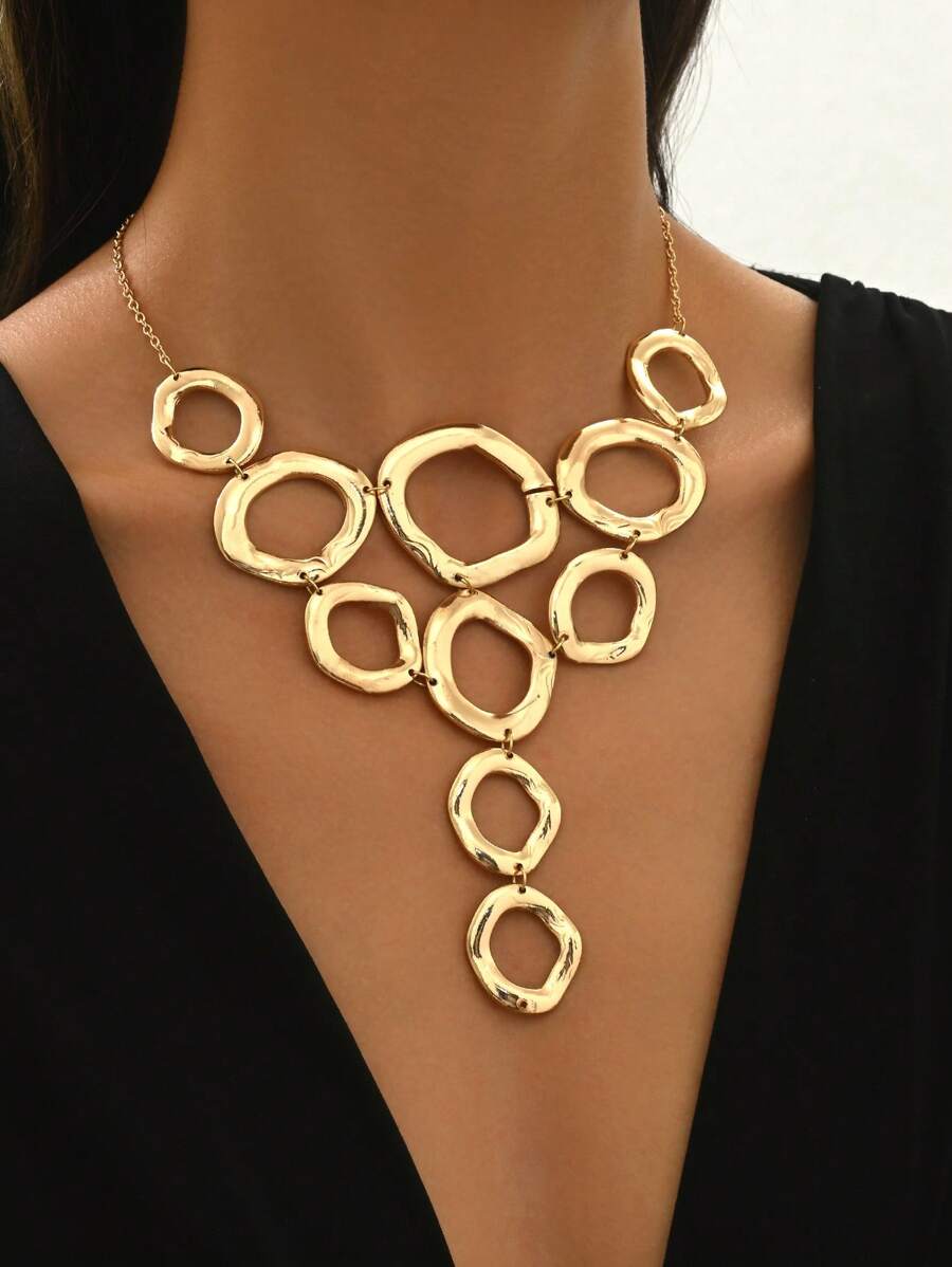1pc Chic Geometric Hollow Circle Metal Chain Necklace, Stylish Elegant Long Y Shaped Pendant Necklace