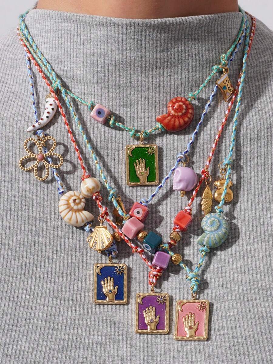 Colar de olho de diabo com concha de corda colorida da moda, colar vintage de vidro com contas da mão de Fátima e cartas de tarô, adequado para presentes de festivais