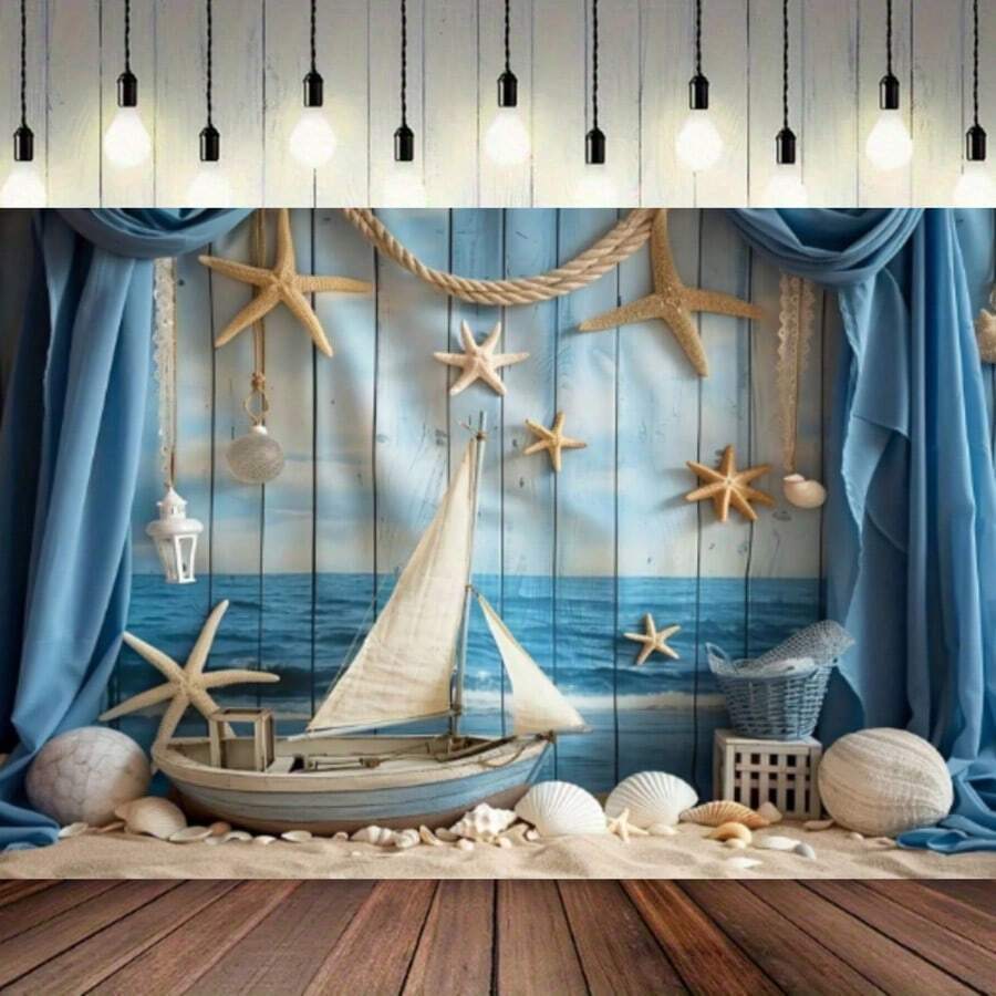 A Marine Anchor Themed Photography Background, Polyester Sailboat Ocean Beach Party Background, Birthday Multi-Purpose Banner, Cake Table Decoration, Photo Booth Props, No Electricity Required