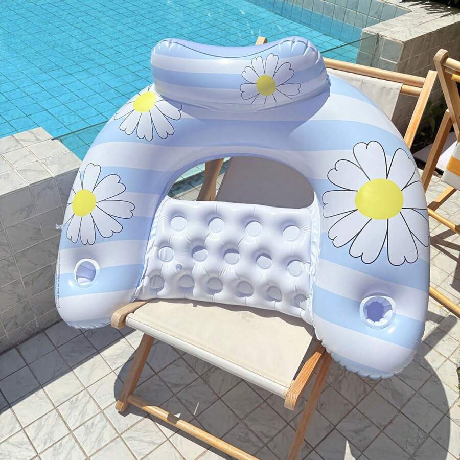 1pc Thick PVC Floating Water Sofa With Cup Holder & Backrest, Anti-Capsizing Small Daisy U-Shaped Inflatable Pool Recliner