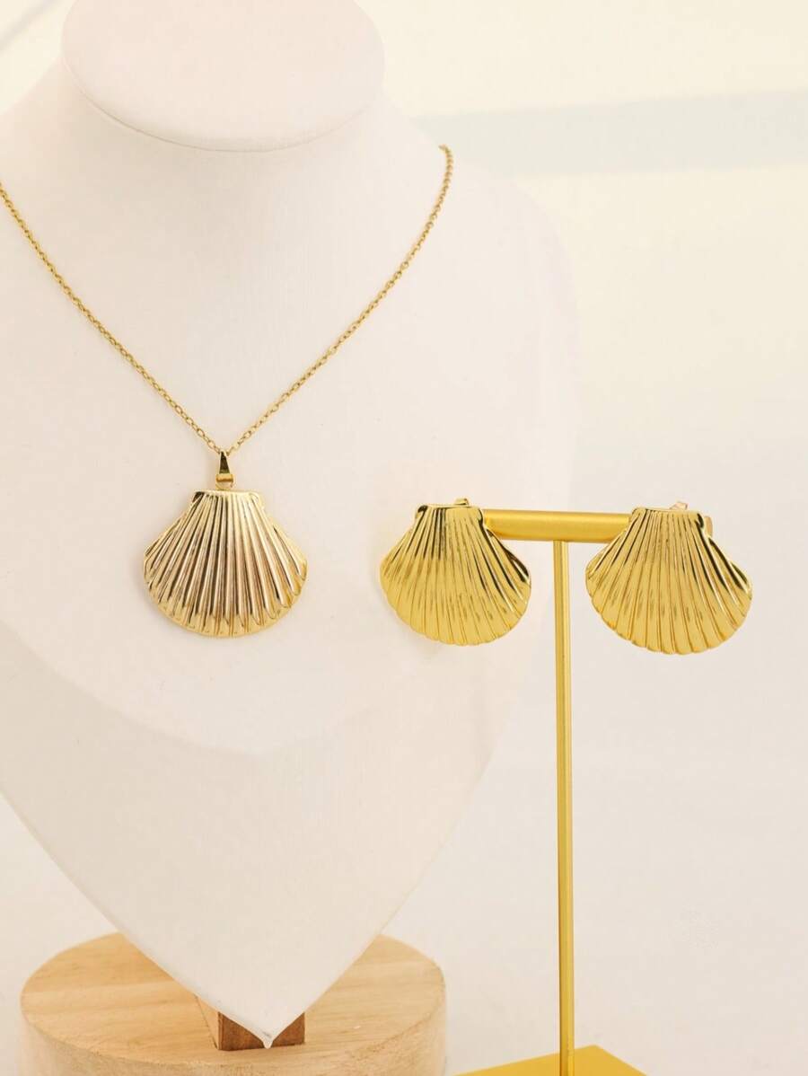 3 Pcs/Set Fashion Shell Pendant Jewelry Set, Ocean Series Stainless Steel Jewelry Set, Beach Necklace Earrings, Stainless Steel Jewelry Including Necklace And Earrings, Suitable For Women's Daily Wear