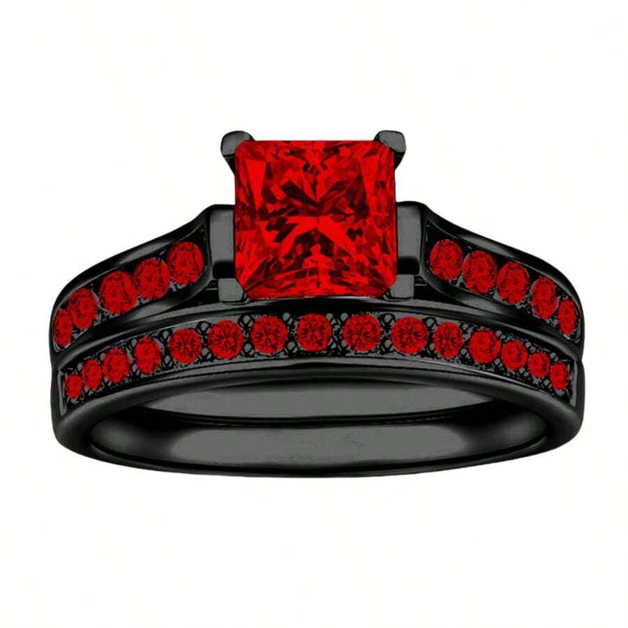 2pcs Women's Engagement/Promise Rings, Red Synthetic Cubic Zirconia, Couple Rings