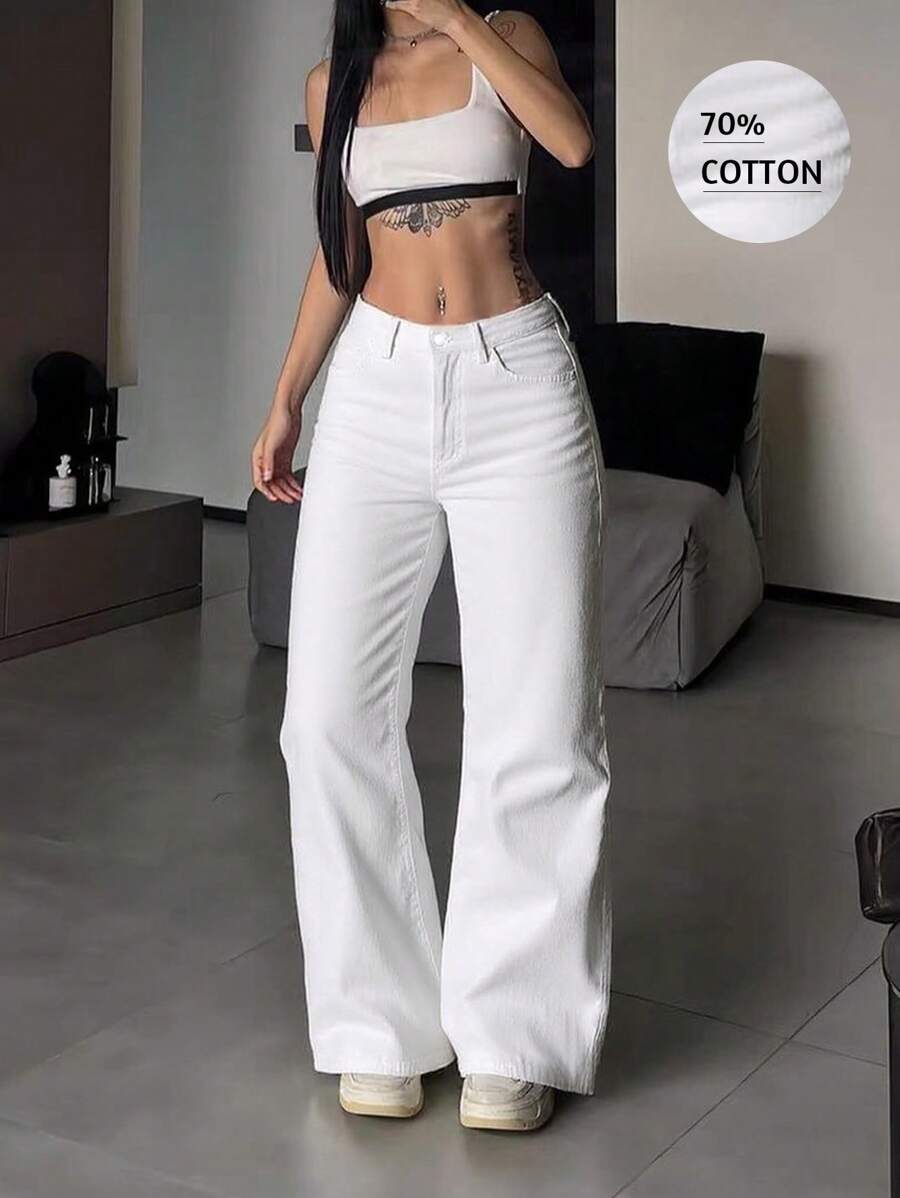 Atuendo de mujer estilo Y2K de vuelta a la escuela: Jeans acampanados blancos estilo Ins, Nuevos pantalones casuales rectos de tiro medio entallados de verano para mujer