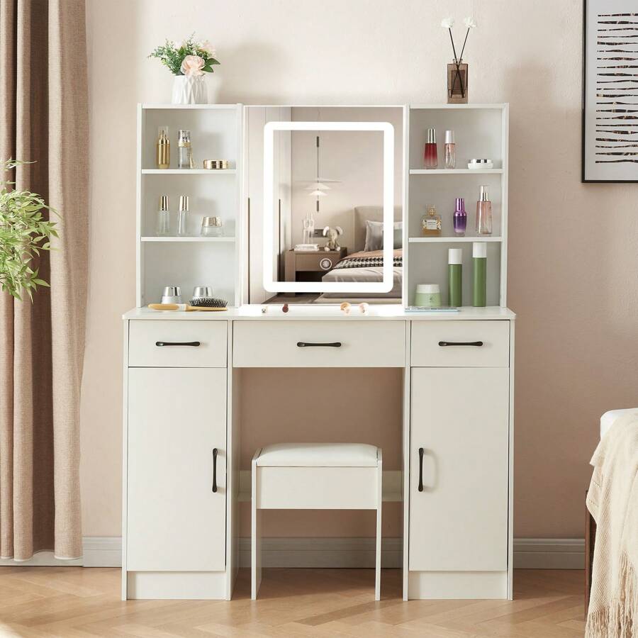 Bedroom Dressing Table Stool Large Makeup Mirror LED Light Vanity Table White