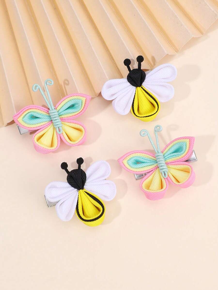 4pcs Cute Bee Butterfly Hair Clips For Girls Colorful Butterfly Bee Grosgrain Ribbon Bow Alligator Clips Cute Butterfly Bee Insect Barrettes Unique Vacation Hairpins Teens Hair Accessories