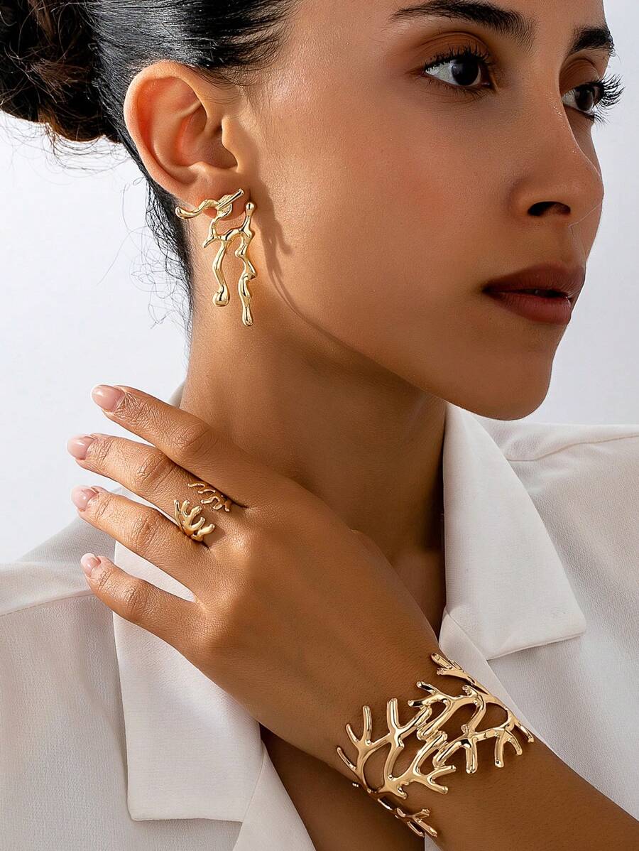 4pcs/Set Creative Exaggerated Coral Bracelet, Ring, Earrings Jewelry Set, Suitable For Women Party, Beach, Holiday Wear