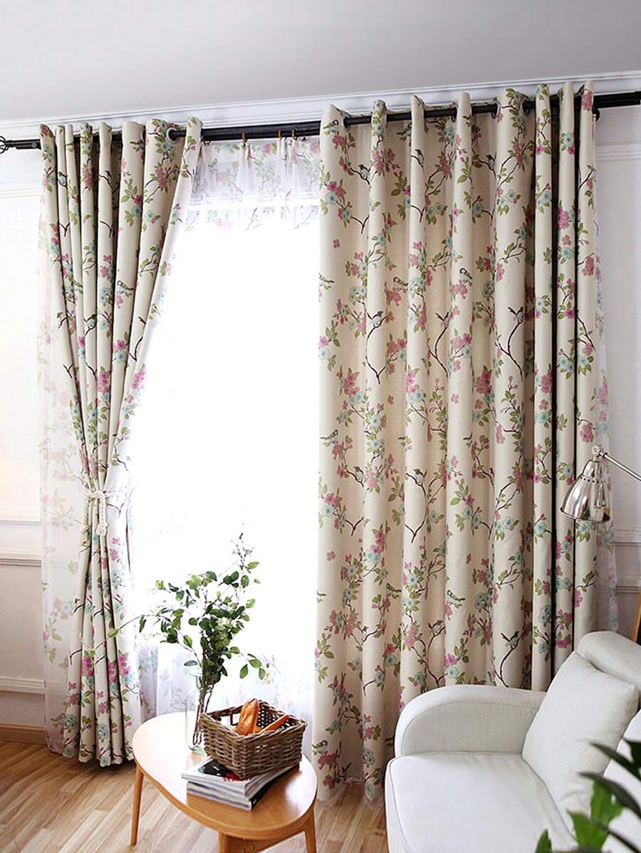 1pc Magpie Flower Printed Blackout Curtain, Chinese Countryside Style 100% Polyester, Suitable For Living Room, Bedroom