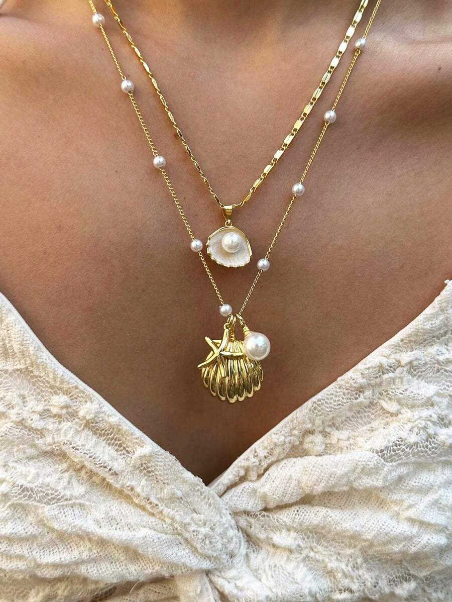 2pcs Seashell Pendant Necklace, Mermaid Pearl Necklace, Retro Beach Style Necklace(Random Starfish/Seashell Shape)