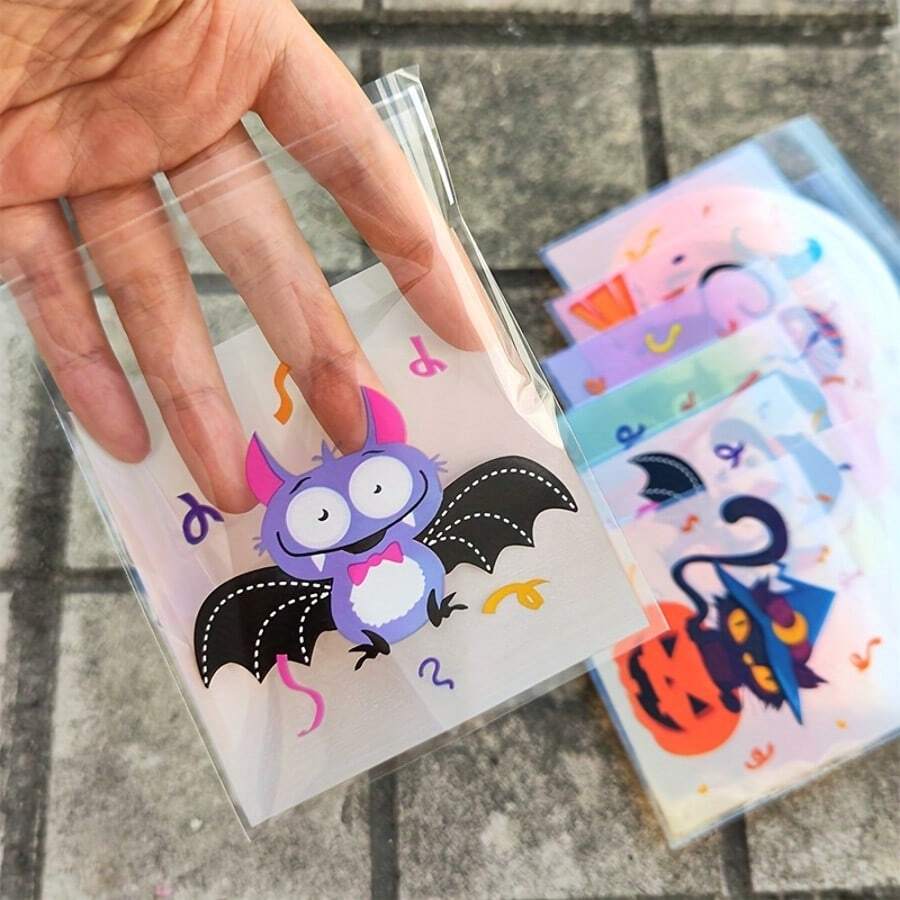 100 Stücke Halloween selbstklebende Geschenktüten mit Kürbis-, Geister-, Schwarzkatzen-, Fledermaus- und Eulenmotiven, Verpackung für Partygiveaways, einfach zu versiegeln, glatte Ränder, reißfest, geeignet für Partys, Feiertage, Geburtstaggeschenke, Überraschungen, Kartenspeicherung, Schmuckorganisation, Halloween-Souvenirs