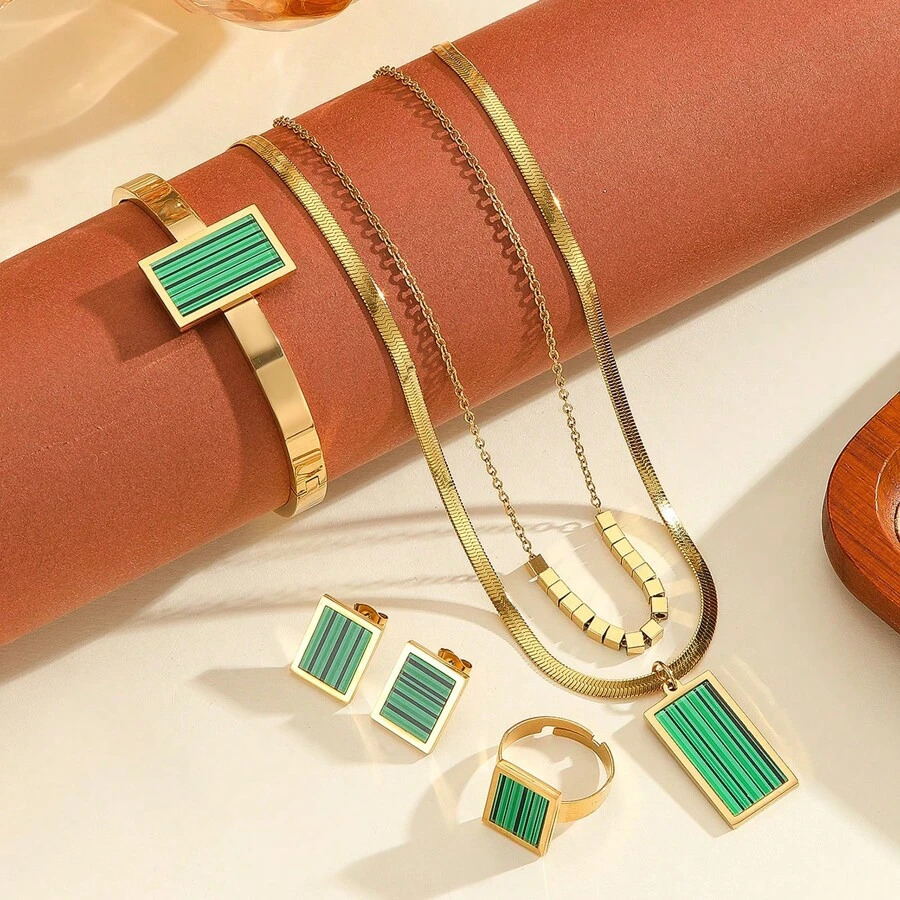 Juego de joyas de 5 piezas con collar de cadena de doble capa con cuentas cuadradas doradas de acero inoxidable, aretes, pulsera y anillo, accesorios de fiesta, juego de joyas de moda