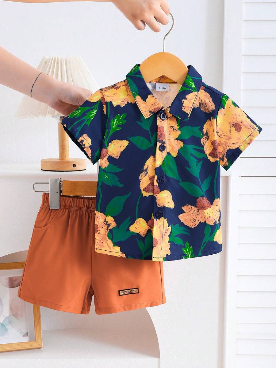 Boys' Casual Outfit: Fashionable English Style Floral Shirt + Leisure Shorts, 2pcs Suit, Casual Vacation Outfit