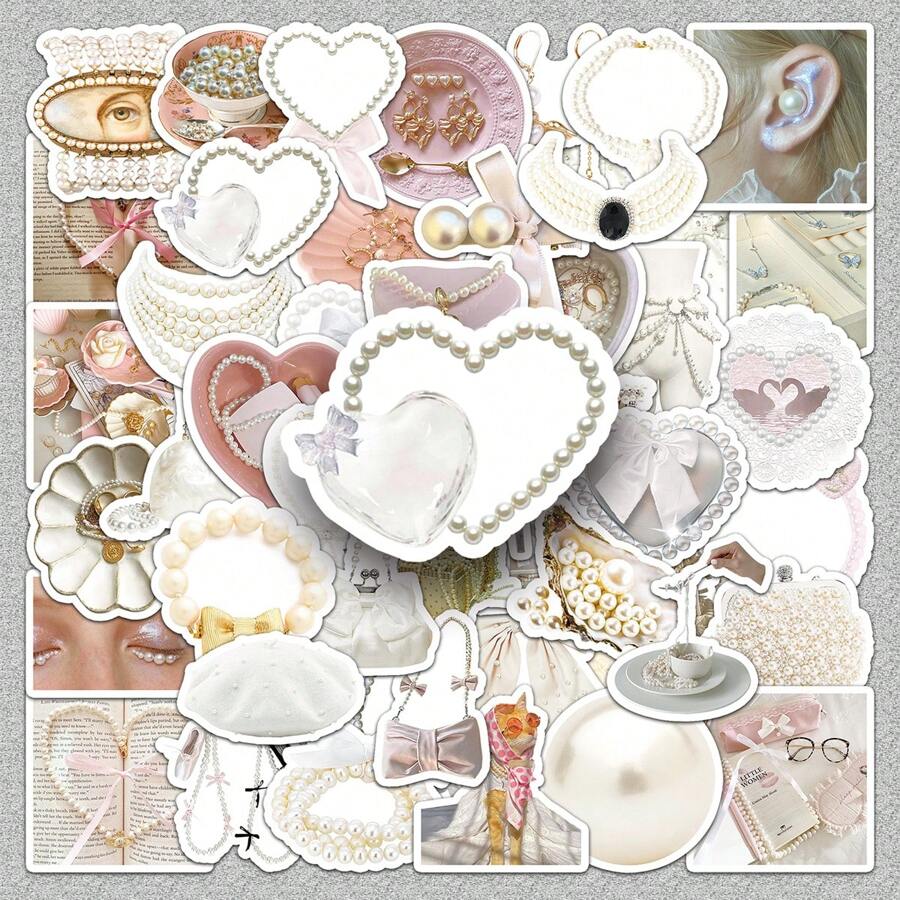 50pcs Soft White Faux Pearl Themed Stickers, Creative & Elegant For DIY Phone Case Decoration, Scrapbooking, School Supplies,Back To School