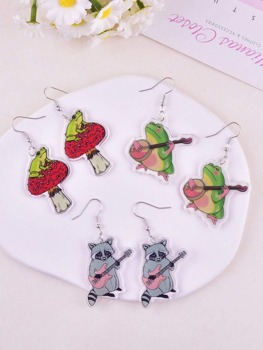 1 Pair Cartoon Anthropomorphic Guitar Raccoon & Frog Animal Band Design Earrings, Party Jewelry Decoration For Women