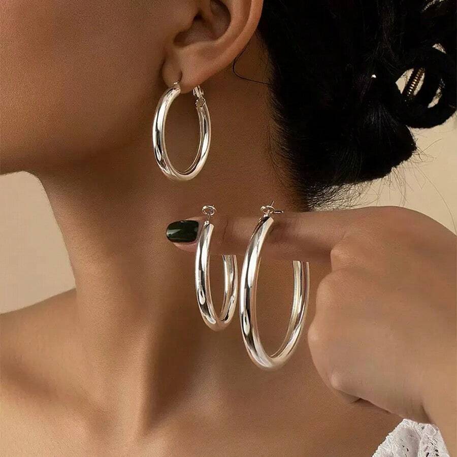 3 Pairs Minimalist Design Smooth Hoop Earrings,Fashionable & Elegant, Suitable For Daily Wear