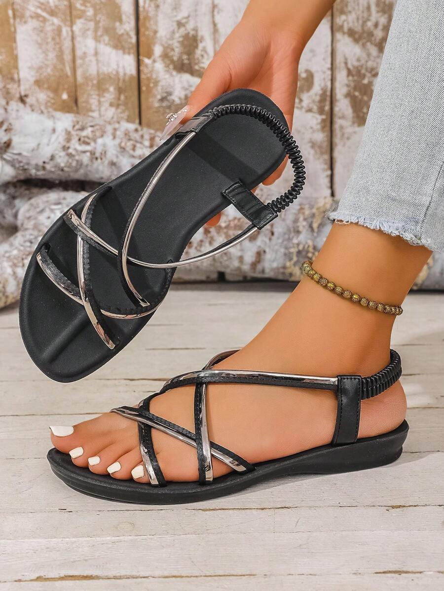 Women's Strap Crossing Sandals, Casual Striped Flat Beach Slippers, Bohemian Style PU Leather Criss-Cross Strap, Outdoor Spring/Summer