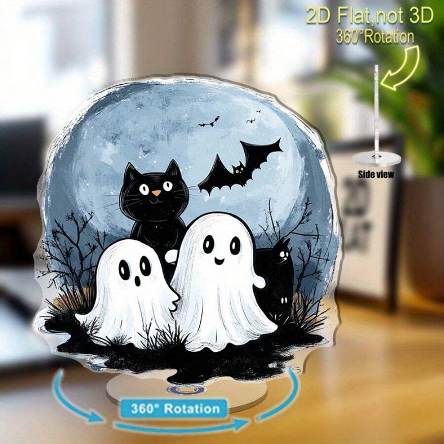 2D Planar Rotating Acrylic Desktop Decoration - Halloween Theme Decor With 3 Cute Ghost, Black Cat And Bat, 360° Rotation, No Electricity Required, Ideal For Halloween Celebration And Fun Gift, Halloween Decoration For Indoor/Outdoor, Interesting Design, Decor, 2D Planar
