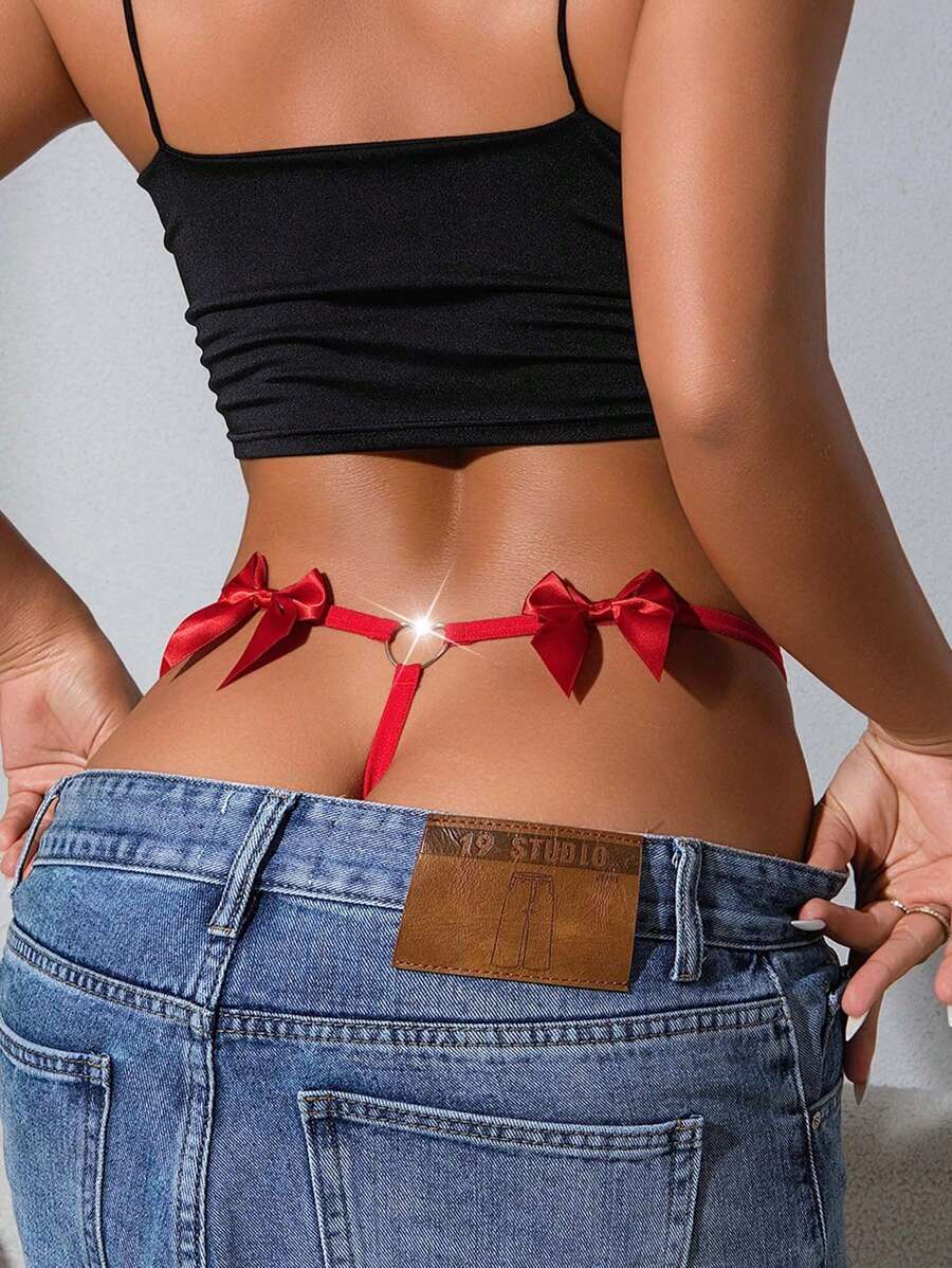 Tanga sexy con lazo romántico francés rojo para mujer