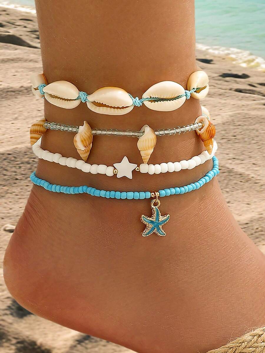 4 Pcs Blue Ocean Themed Beaded Anklets Set - Oil Drop Sea Star Beads, Natural Seashell, Cord Braided Starfish Anklet For Women