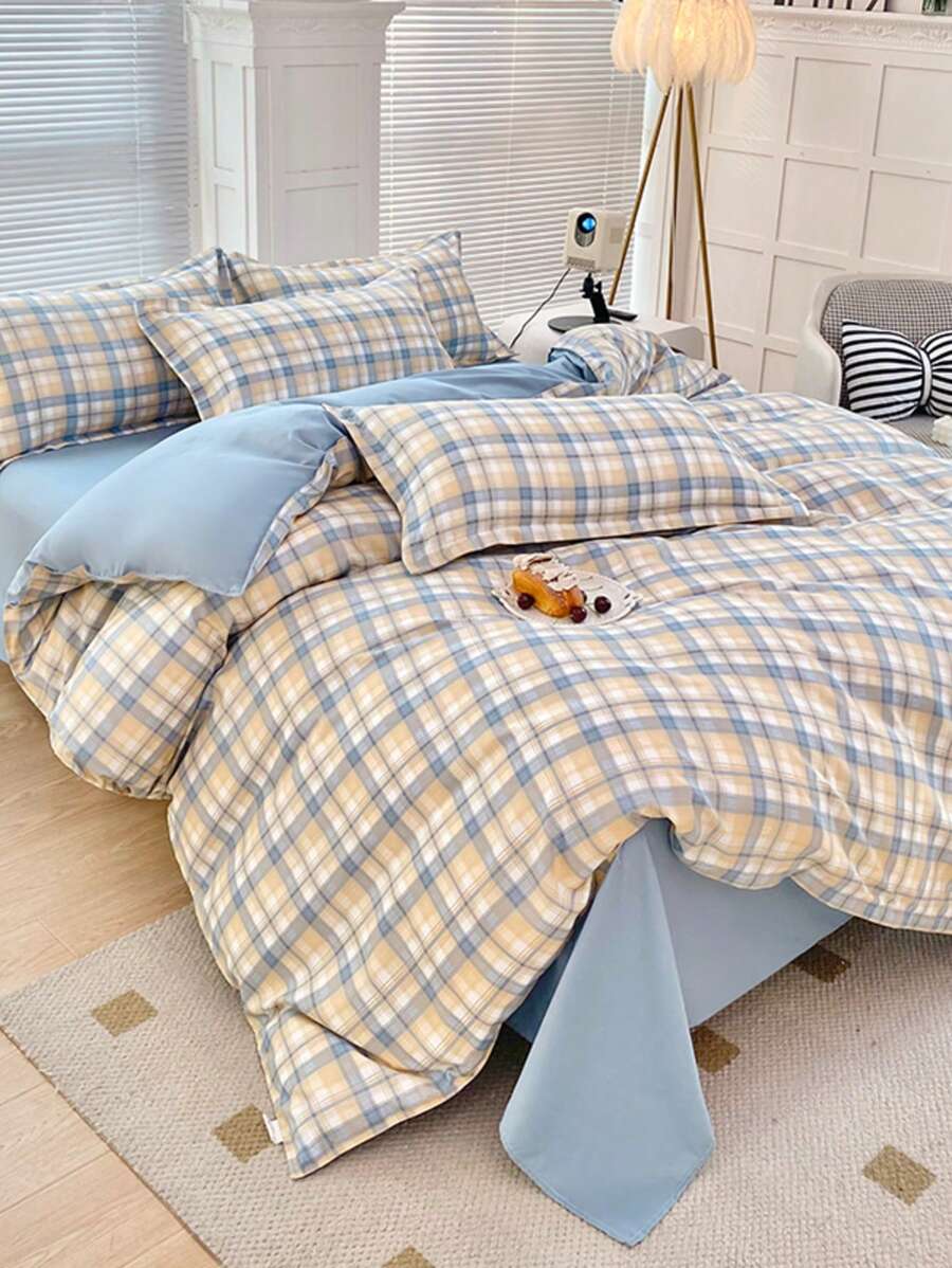 Juego de ropa de cama para dormitorio de 4 piezas (1 funda de edredón + 1 sábana + 2 fundas de almohada), de tela suave y amigable con la piel, con envoltura antideslizante de 360 grados, sin blanqueadores ópticos, transpirable, absorbente, duradero, lavable, cálido, adecuado para dormitorio, habitación de invitados, dormitorio de estudiantes, habitación infantil, toda la familia