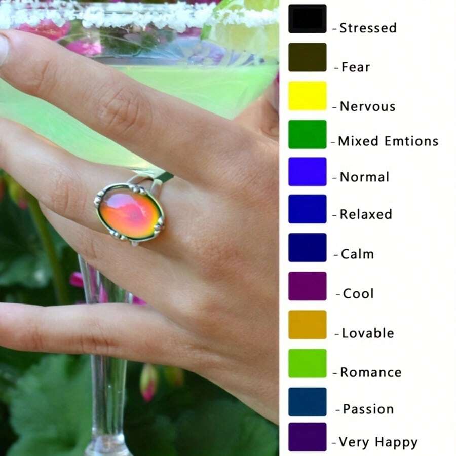 1 pieza Anillo de estado de ánimo con piedra termocrómica ovalada, Anillo de cambio de color multicolor adecuado para que las mujeres lo combinen con atuendos diarios, fiestas, regalo de festival
