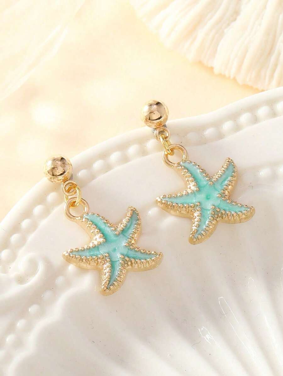 1 Pair Of Hot Selling Super Cute Mini New Design All Season Versatile Colorful Pink Bule White Red Small Starfish Stud Earrings For Women Daily Wear, Personalized Sweet Bohemian Style Oil Droplet Enamel Spherical Needle Starfish Autumn Winter Earrings Jewelry Women