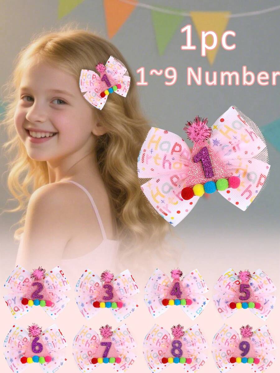 1 pieza Lazo para el cabello de cumpleaños feliz para niñas, diadema con brillo de número de cumpleaños, clip de cocodrilo con pompón, horquillas lindas y dulces para el día del cumpleaños, accesorios para el cabello de adolescentes