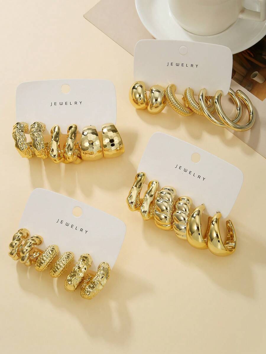 6pcs/Set Fashion CCB Spiral Braided C-Shape Geometric Design Earring Set, Suitable For Women's Daily Or Beach Wear
