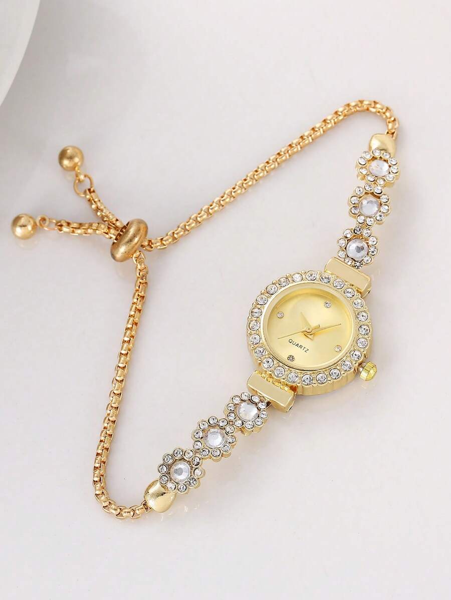 1pc Women's Fashion Elegant Gold-Color Rhinestone & Bead Drawstring Bracelet Watch, Concise Rhinestone Scale Dial Quartz Wrist Watch
