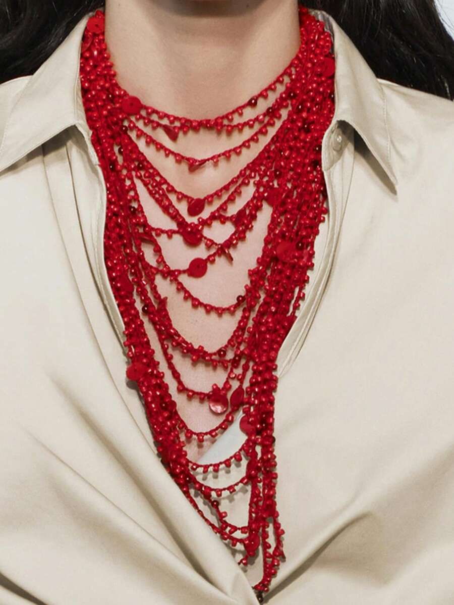 Colar vermelho com várias camadas de crochê ZAA, um colar de crochê moderno, usado em feriados, boêmio, com contas de arroz na cor coral, colar longo com babador, corrente exagerada de clavícula empilhada com várias camadas