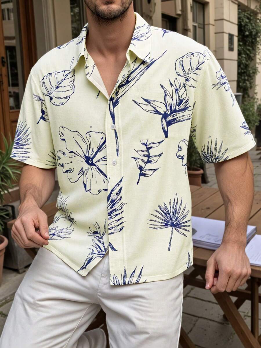 1 pieza Camisa de manga corta ajustada con estampado digital, de verano