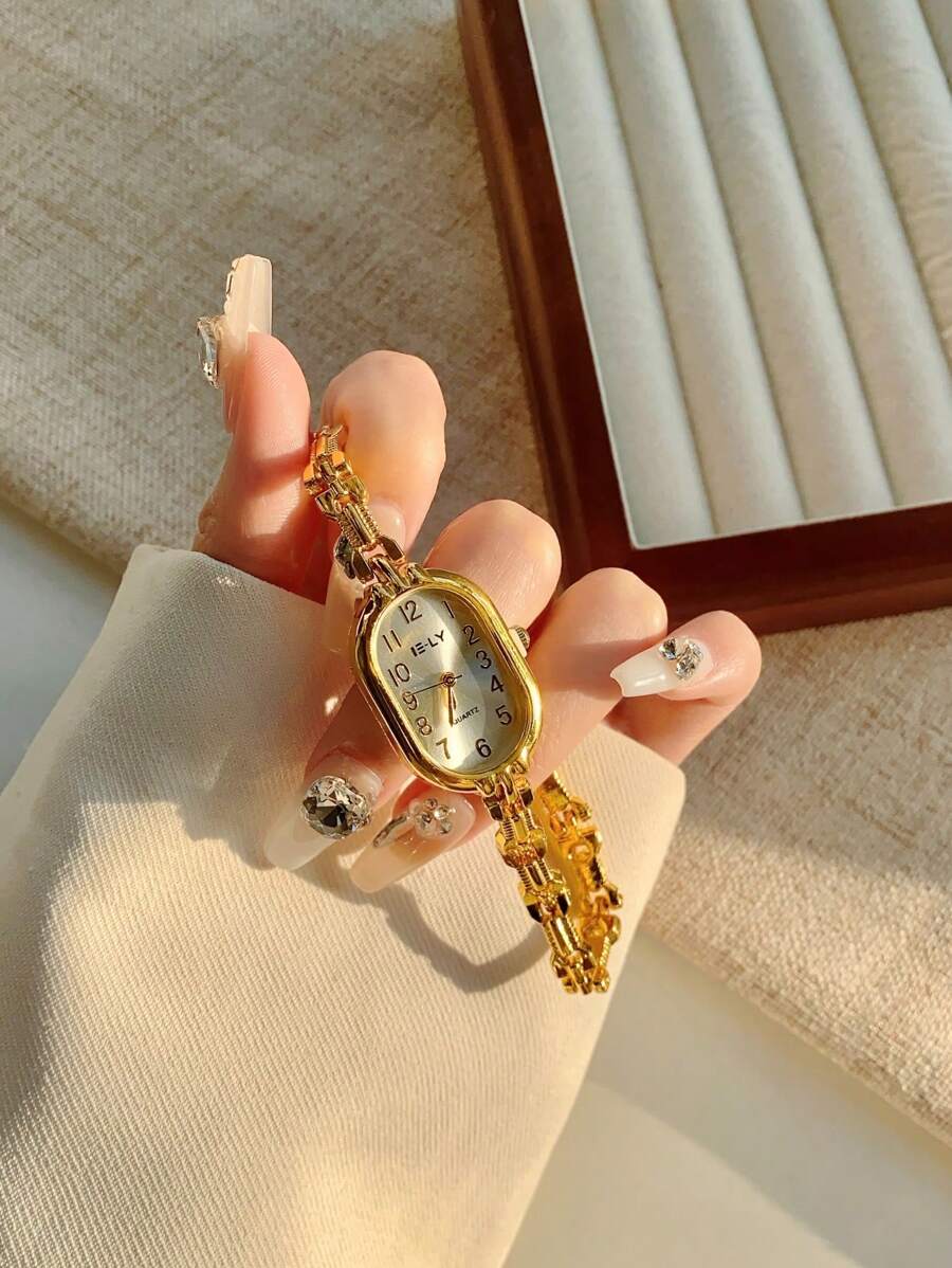 1 Pc Elegant Oval French-Style Women's Gold Strap Digital Dial Quartz Wrist Watch, Suitable For Daily Wear And Social Gatherings