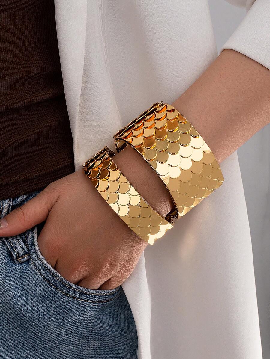 1 Conjunto Pulseira Aberta Feminina Luxo Estilo Boêmio Escama de Peixe