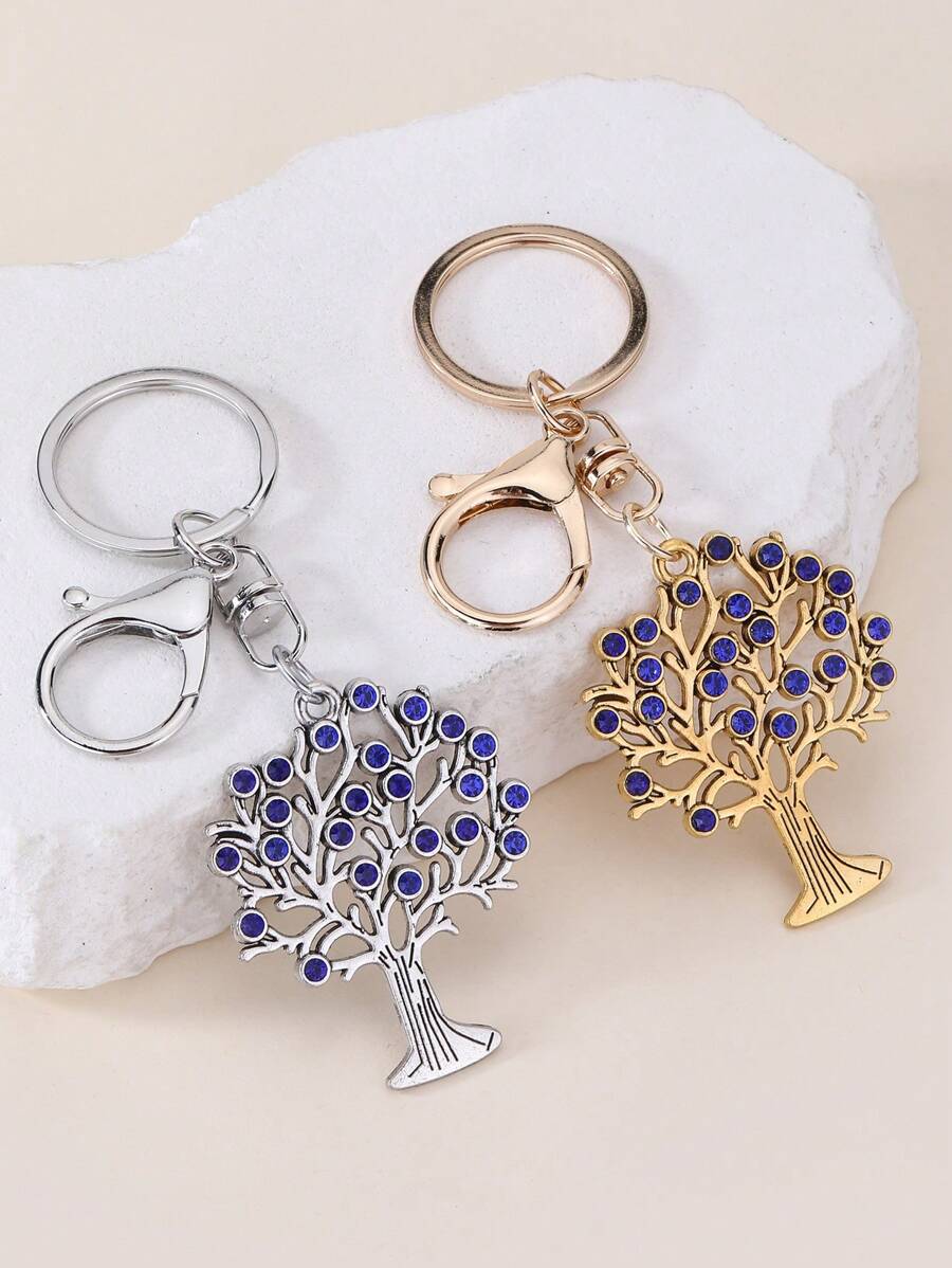 1 pièce Porte-clés femme arbre de vie bleu avec strass, cadeau pour la famille et les amis, accessoire de voiture, charm de sac à dos pour l'école