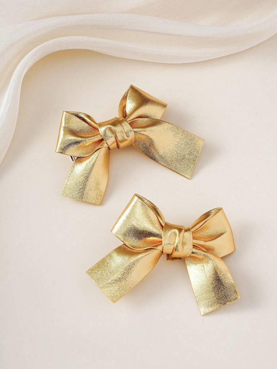 Set de 2 pinzas para el cabello de niña con lazo dorado con brillo, lazos de tela adorables y sencillos, apropiados para la vida diaria o fiestas, accesorios para estudiantes de vuelta a clases
