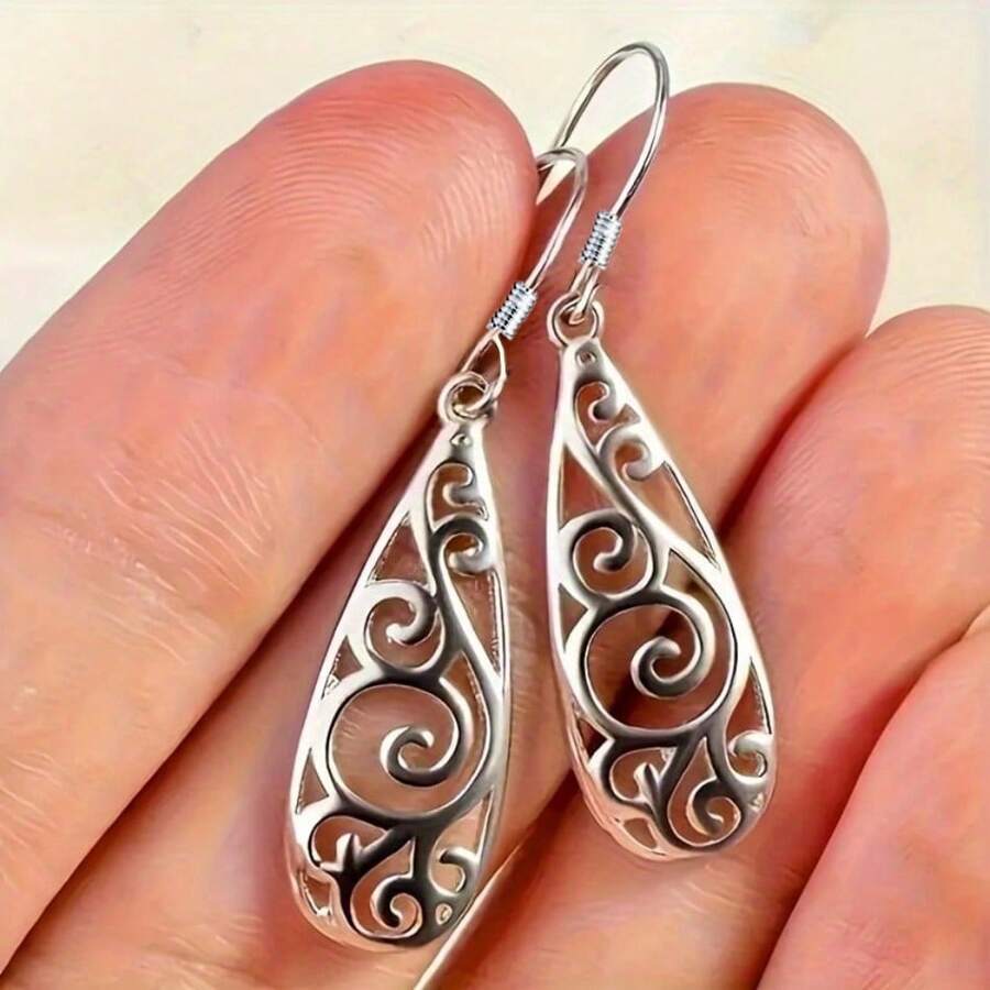 925 Silver Vintage Style Filigree Teardrop Dangle Earrings - Metal Hollow Carved Fashion Long Drop Earrings, Yiwu Production Area Jewelry Accessory