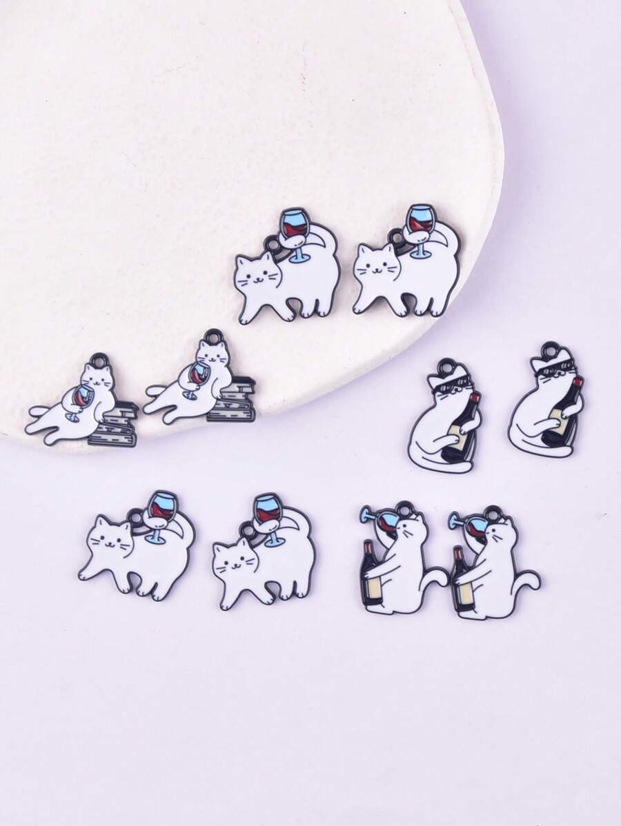 10pcs Mixed Cat Design Wine Glass Drip Oil Zinc Alloy Jewelry Pendant, Earring, Necklace Accessories