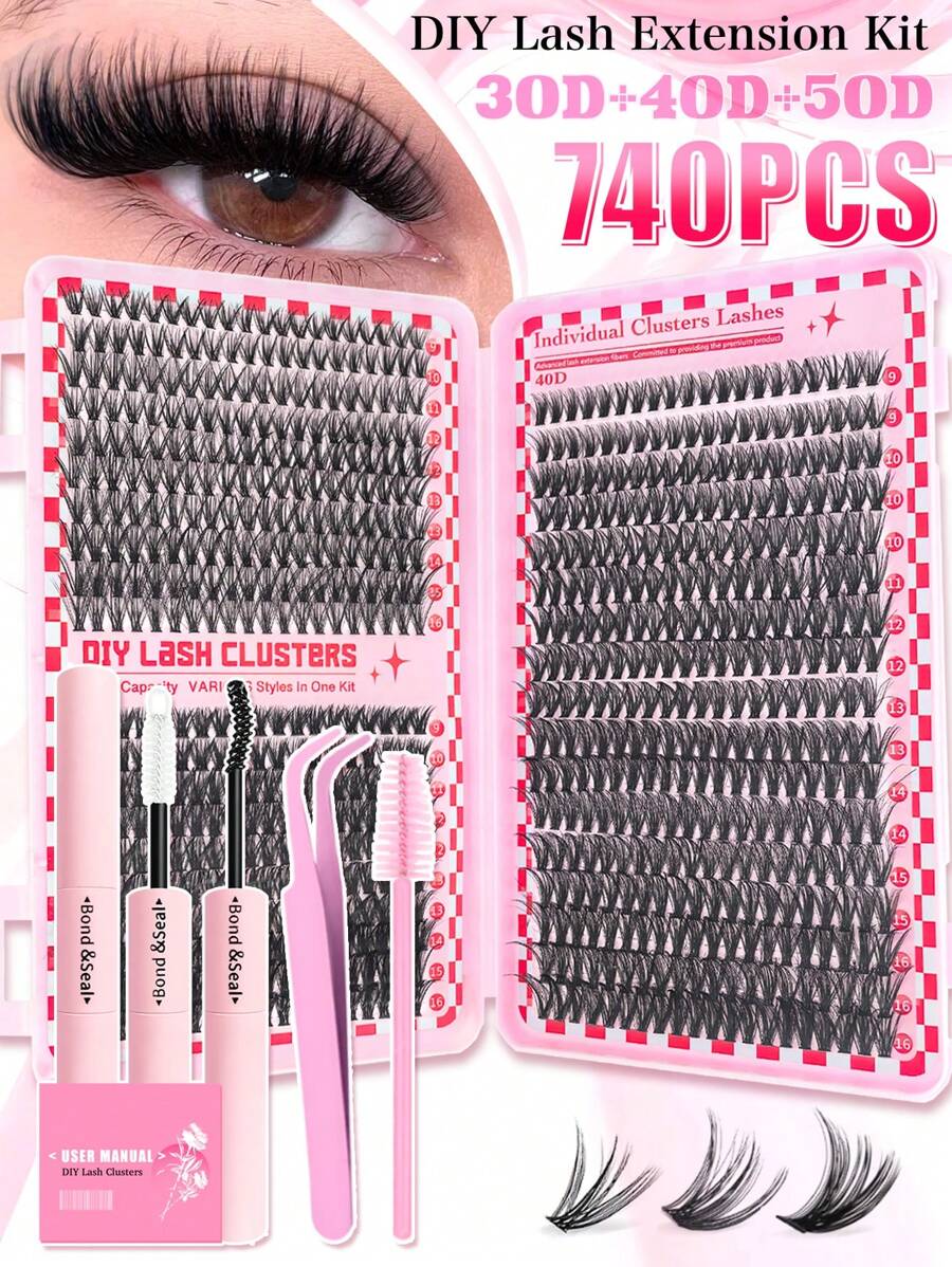 740/280PCS D Curl Individual Lash Clusters 30D+40D+50D 3 Styles 9-16mm Lash Clusters Natural Look&Waterproof&Super Light Reusable Individual Segmented False Eyelashes Eyelash Extension Kit With Make Up Tools Bond And Seal&Lash Tweezer&Lash Brushes For Self Use At Home For Daily Life&Wedding&Dating&Party&Travel