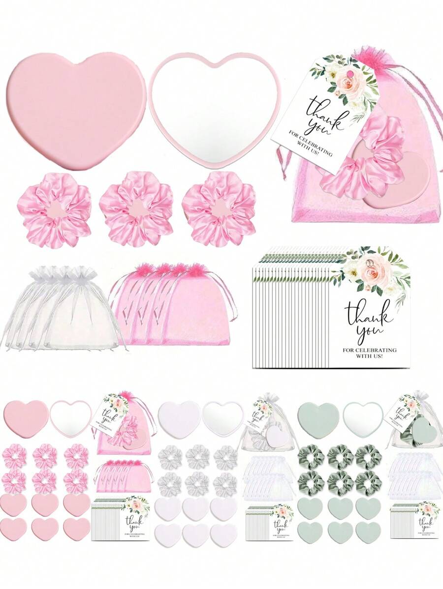 16/4 Stücke Hochzeitsfeier Herz-Spiegel-Set, Hochzeitsbegünstigungsgeschenkset mit Herz-Spiegeln, Dankeskarten, Organza-Zugband-Beutel, Brautparty-Geschenke, Brautjungfern-Geschenke, Hochzeitstisch-Mittelstück-Dekoration, tragbare kompakte Spiegel, Geschenke für Neuvermählte, Partybegünstigungen, geeignet für Geburtstagsparty, Junggesellinnenabschied, Spa-Partys