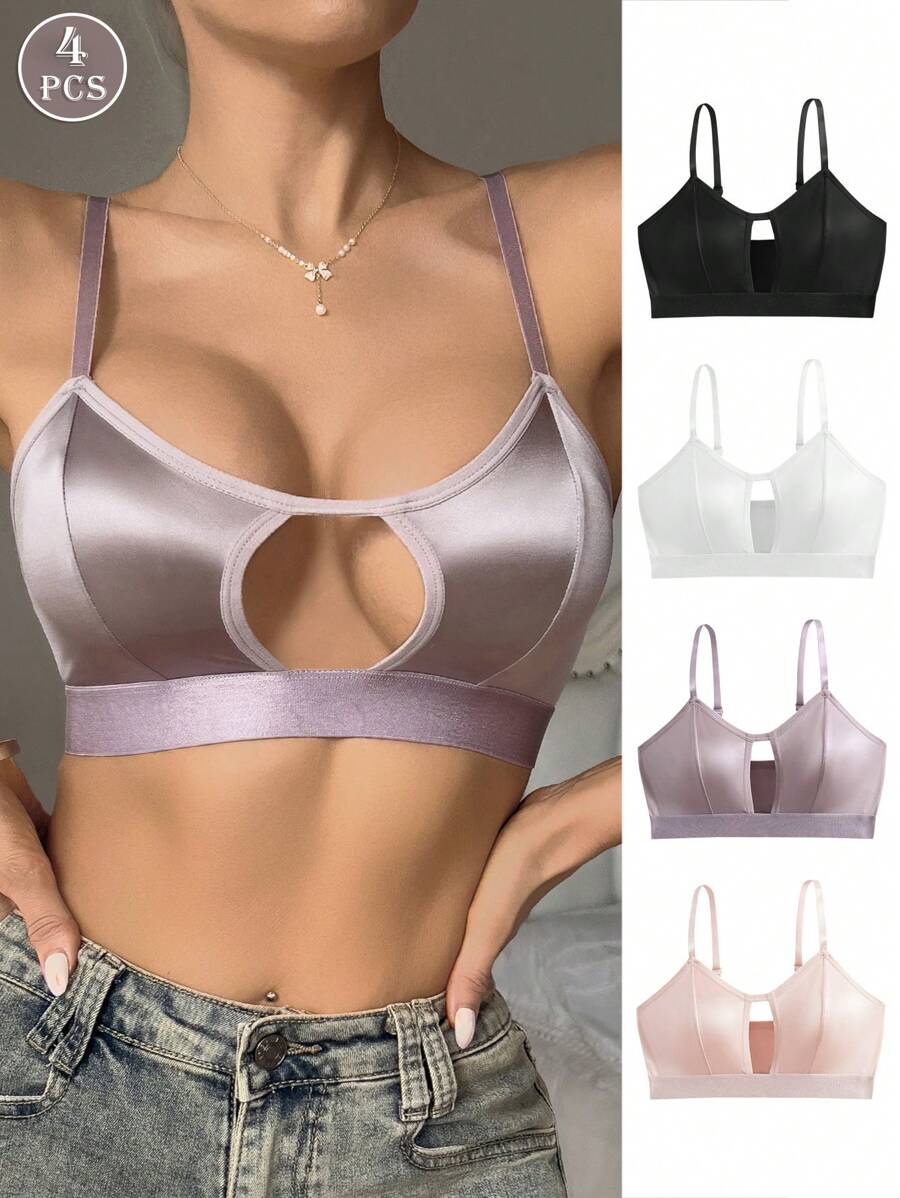 4 piezas Camiseta interior con bralette de colores múltiples, minimalista, cómoda y elegante, con diseño calado, apta para todas las estaciones
