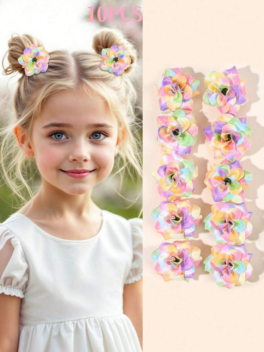 10pcs Girls Gradient Rainbow Colors Flower Hair Clips Artificial Flowers Hairpins Vacation Parties Flower Hair Accessories
