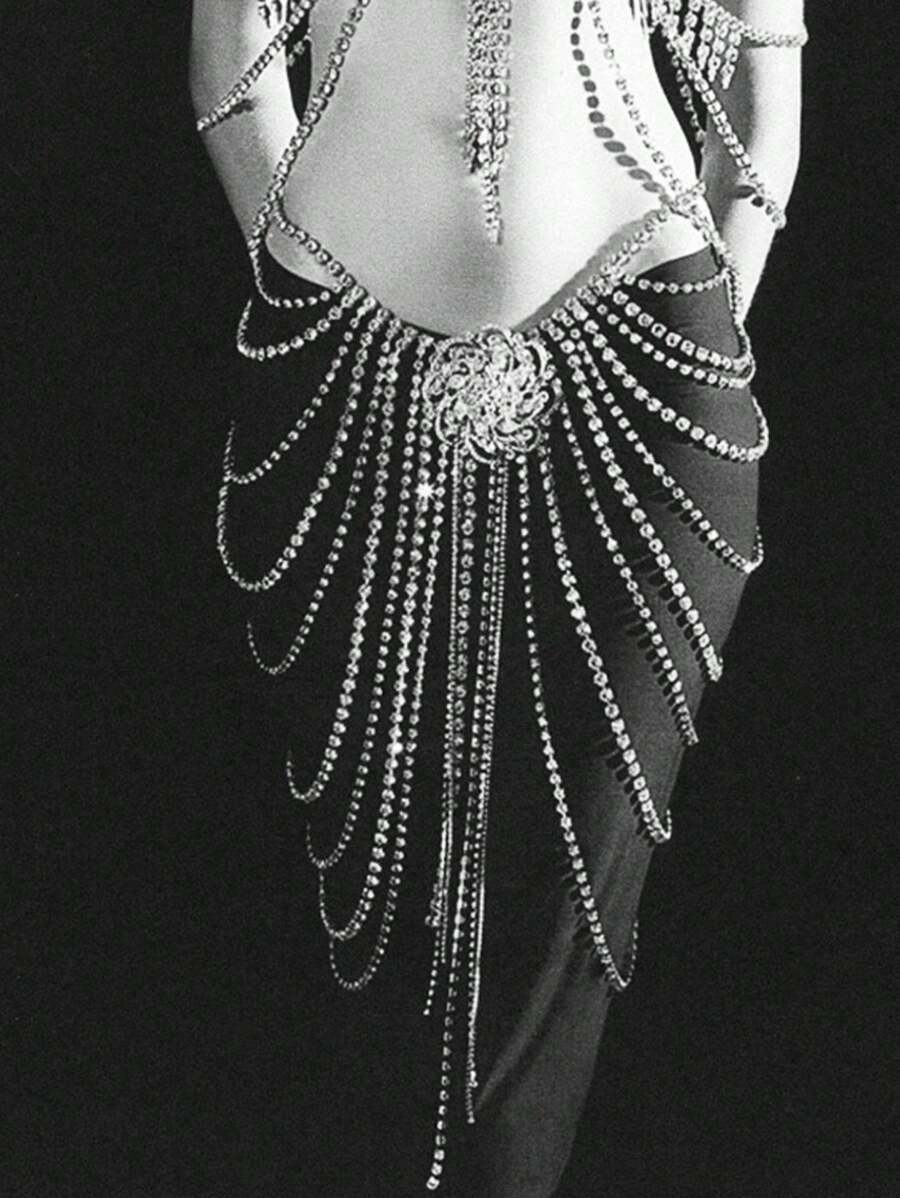 1pc Long Fringe Rhinestone Dress For Women Flower Belt Body Chain Jewelry Crystal Silver Skirt For Stage Party Accessories