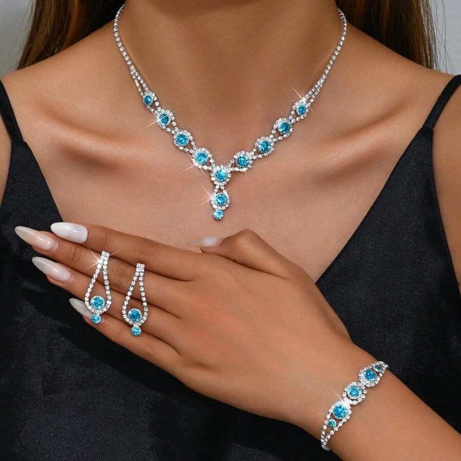 Set de 4 piezas de joyería de lujo de moda para mujer - Collar, aretes, pulsera, anillo