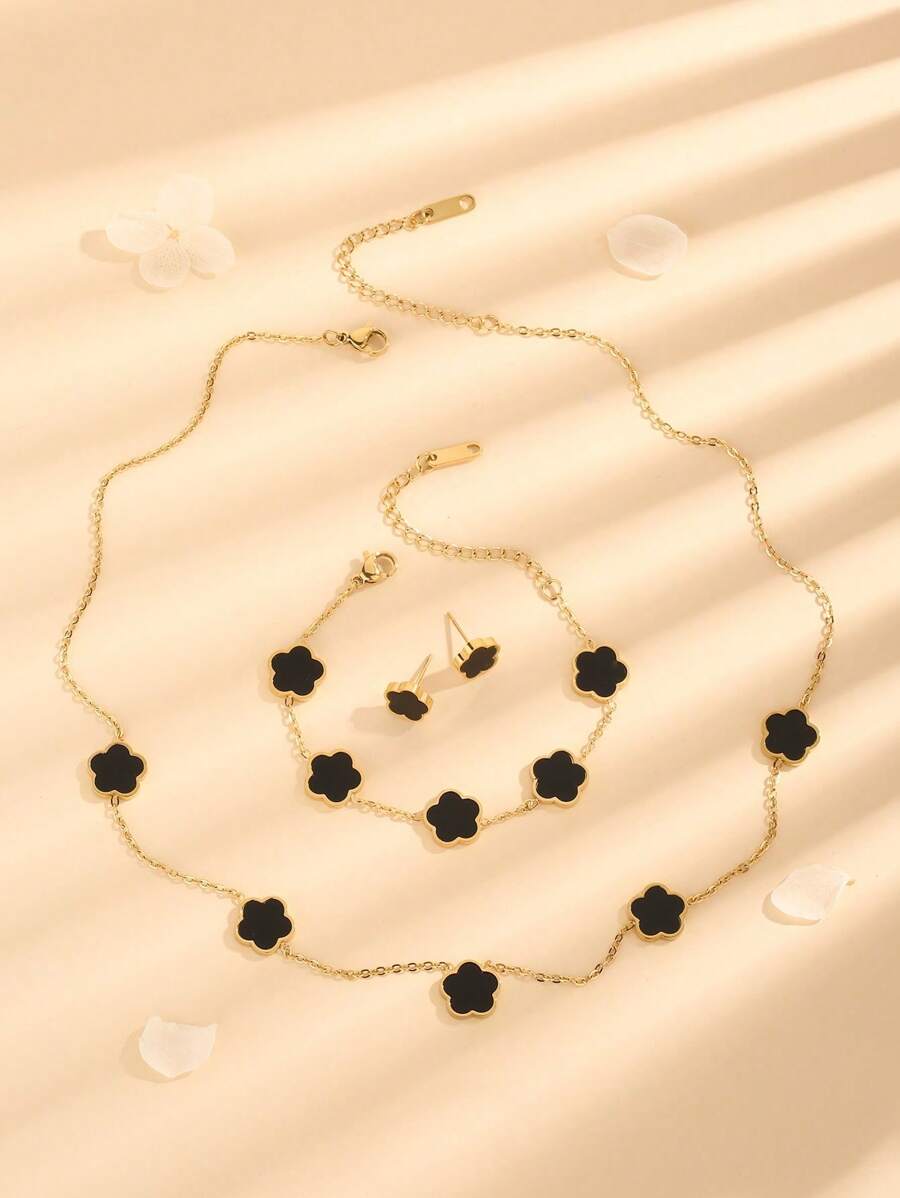 Set de 4 piezas de joyería con flor pentagonal de acero inoxidable y concha - aretes, pulsera, collar