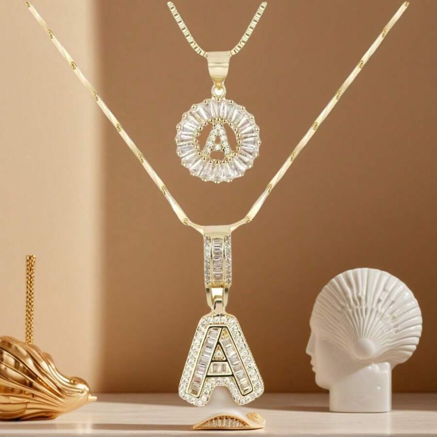 Dainty Bubble Initials Balloon Letter Necklace Set For Women Double-Layer Rock Initials Letter Necklace Set Synthetic Cubic Zirconia Micro-Inlaid Crown Letter Diy English