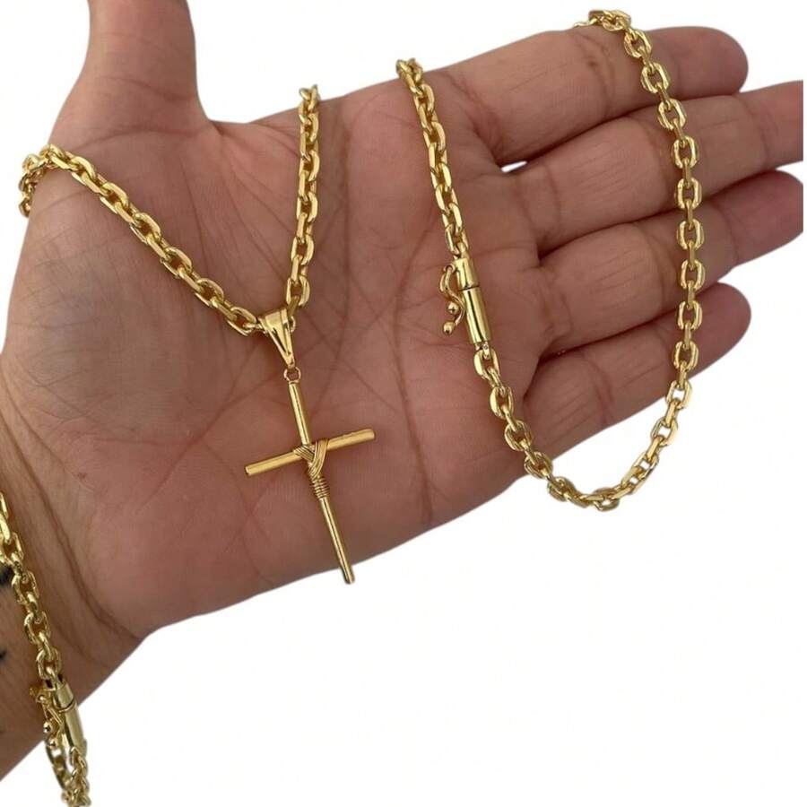 Kit Cadeado 4mm + Cruz Amarrada Banhado a Ouro 18K